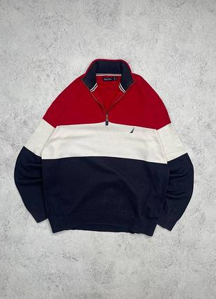 1358 / стильний джемпер nautica 1/3 half zip в смужку , темно синій, білий, червоний, пуловер