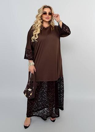 Женское платье макси батал с кружевом «soft grace», микродайвинг, размеры 50-60 шоколад, 58/60