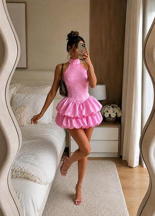 Женское платье-комбинезон мини с открытой спиной и пышной многоярусной юбкой, размеры xs–l рожевий, xs-s