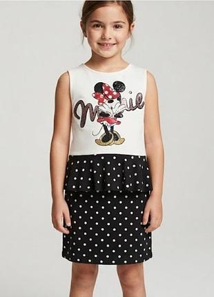Сукня літня дівчинці з баскою біло-чорне h&m minnie маус 122-128 6-8 років віскоза білий верх спідниця чорна в білий горох горошок святкова нарядна
