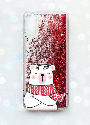 Чехол с плавающими блестками на samsung galaxy a02 / a022 (2021) красный :: медведь в шарфе (принт 147)