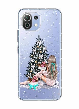 Прозрачный чехол на xiaomi mi 11 lite девушка возле ёлки (новогодний принт 139)