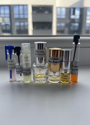 Zoologist dragonfly, meo fusciuni narcotico, little song, l’oblio, genyum painter, liquides imaginaries tellus, l`artisan parfumeur musc amarante