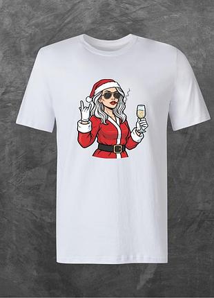 Футболка унісекс з принтом новорічний santa girl with champagne базова біла xs