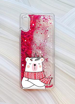 Чехол с плавающими блестками на xiaomi redmi 9a розовый медведь в шарфе (принт 147)