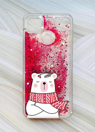 Чехол с плавающими блестками на xiaomi redmi 9c / 10a розовый медведь в шарфе (принт 147)