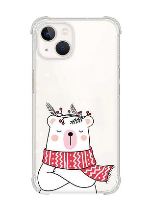 Чехол с утолщёнными углами на iphone 14 plus :: медведь в шарфе (новогодний принт 147)