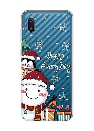 Прозорий чохол на samsung galaxy a02 / a022 (2021) сніговик і пінгвін (новорічний принт 156)