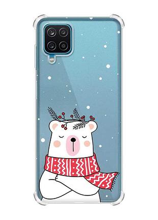 Чехол с утолщенными углами на samsung a12 4g медведь в шарфе (новогодний принт 147)