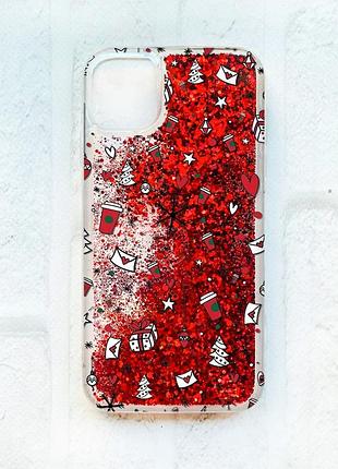 Чехол с плавающими блестками на iphone 11 :: красный :: новогодний фон (принт 182)