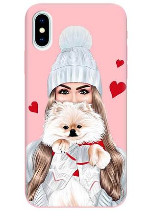 Матовый розовый чехол на iphone x/xs :: девушка с собачкой (принт 142)