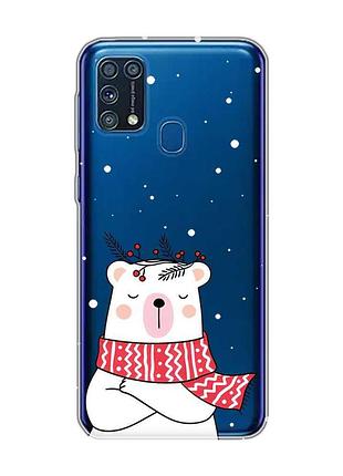 Прозрачный чехол на samsung galaxy m31 медведь в шарфе (новогодний принт 147)