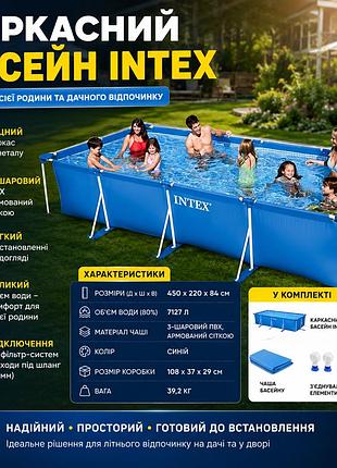 Прямокутний каркасний басейн intex 28273 450х220х84 см, великий тришаровий басейн інтекс без насоса, синій