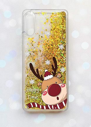 Чехол с плавающими золотыми блестками на samsung galaxy a02/a022 (2021) зимний оленёнок (принт 155)