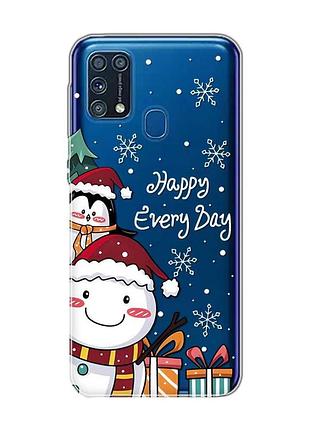 Прозрачный чехол на samsung galaxy m31 снеговик и пингвин (новогодний принт 156)