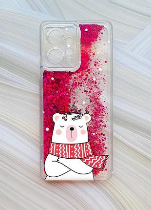 Чехол с плавающими розовыми блестками на xiaomi redmi note 12 4g медведь в шарфе (принт 147)