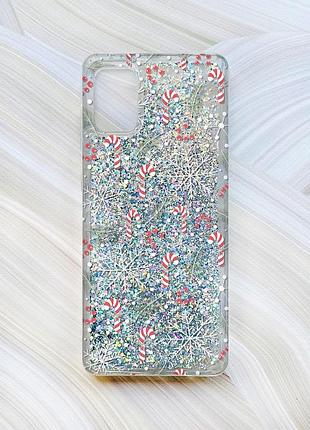 Чехол с плавающими блестками для samsung galaxy a31 серебристый новогодний фон (принт 199)