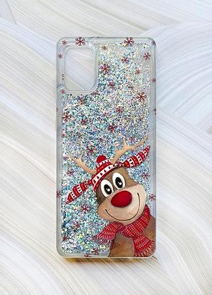Чехол с плавающими серебряными блестками на samsung galaxy a31 зимний олень (принт 149)