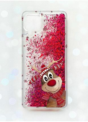 Чехол с плавающими блестками samsung galaxy a12 розовый :: зимний олень (принт 149)