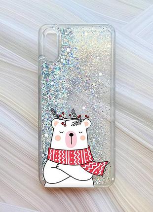 Чехол с плавающими блестками на xiaomi redmi 9a серебристый медведь в шарфе (принт 147)