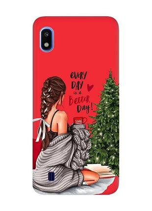 Матовый красный чехол на samsung galaxy а10 (2019) а105 девушка возле ёлки (новогодний принт 186)