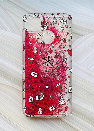 Чехол с плавающими блестками для xiaomi redmi 9c / 10a розовый новогодний фон (принт 182)