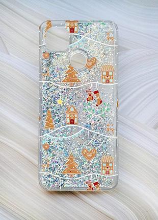 Чехол с плавающими блестками для xiaomi redmi 9c / 10a серебро фон рождество (принт 201)