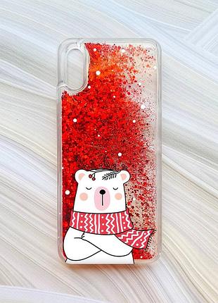 Чехол с плавающими блестками на xiaomi redmi 9a красный медведь в шарфе (принт 147)