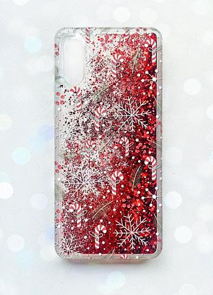 Чехол с плавающими блестками на samsung galaxy a02 / a022 (2021) красный :: новогодний фон (принт 199)