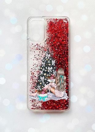 Чехол с плавающими блестками на samsung galaxy a03s (a037) красный :: девушка возле ёлки (принт 139)