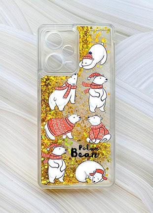 Чехол с плавающими блестками на xiaomi redmi note 12 pro plus золотой мишки (принт 145)