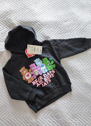 Толстовка для дівчинки zara худі на флісі з принтом care bears, колір чорний, розмір 92/98 см
