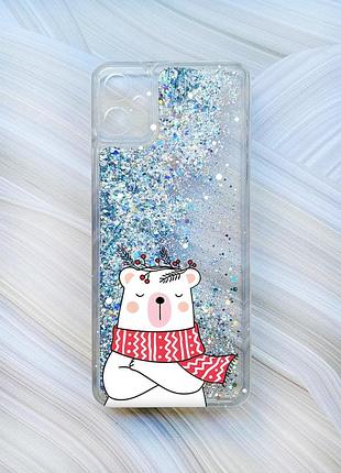 Чохол з плаваючими блискітками на samsung galaxy a05 (a055) сріблястий ведмідь у шарфі (принт 147)