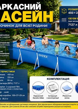 Великий прямокутний басейн intex 28273 450х220х84 см, каркасний сімейний басейн з тришарового пвх