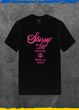 Футболка унисекс stussy базовая стусси розовое лого принт черный, m