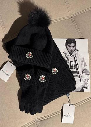 Набір аксесуарів зимніх чорний комплект шапка рукавички та шарф moncler