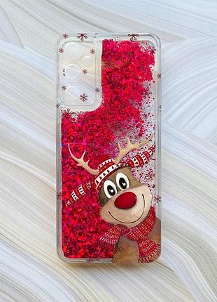 Чехол с плавающими блестками на samsung galaxy a05s (a057) розовый зимний олень (принт 149)