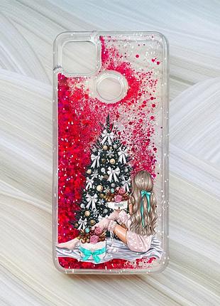 Чехол с плавающими блестками на xiaomi redmi 9c / 10a розовый девушка возле ёлки (принт 139)