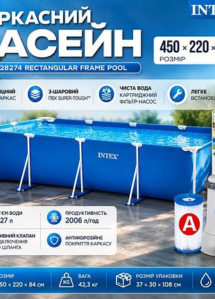 Каркасний басейн intex rectangular frame pool 28274 450×220×84 см сімейний прямокутний басейн 7127 л з фільтр-насосом 2006 л/год