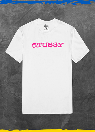 Футболка унісекс stussy базова стусcі рожеве лого принт білий, m