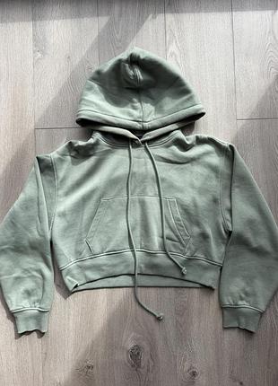 Жіноче худі zara укорочене з капюшоном та кишенями, оливкове