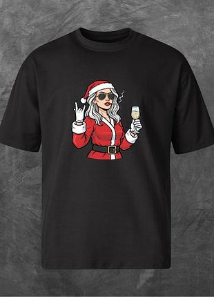 Футболка унисекс с принтом новорічний santa girl with champagne оверсайз черная l