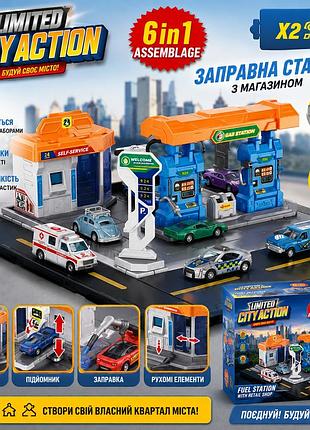 Игровой гараж заправочная станция sk 6605, набор для машинок с 2 автомобилями, подвижные механизмы, наклейки, пластик