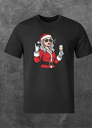 Футболка унісекс з принтом новорічний santa girl with champagne базова чорна 2xl