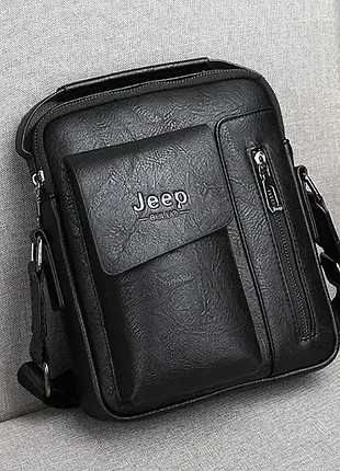 Чоловіча сумка-планшет jeep чорна, барсетка через плече з екошкіри