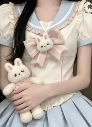 Сукня міді жіноча lolita kawaii з коміром та бантом, біло-блакитна