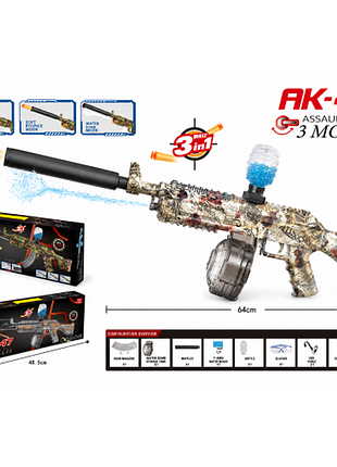 Детский автомат ak-47 assault rifle 3 в 1 на аккумуляторе, орбизы, поролоновые шарики, водяной бластер, usb-зарядка
