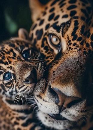 Алмазная мозаика вышивка на подрамнике 5d ягуар с детенышем леопард с котенком 30х40 см s20019
