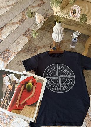Футболка чоловіча/унісекс stone island з прорезиненим лого ( оригінальна ) чорна бавовняна з короткими рукавами