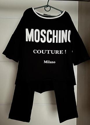 Жіночий спортивний костюм moschino чорний з футболкою та штанами